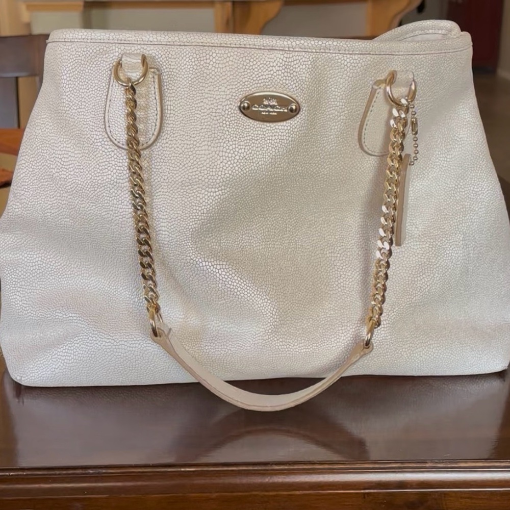 Coach Cream Pebbled Leather Chain-Handle Tote with Gold Hardware